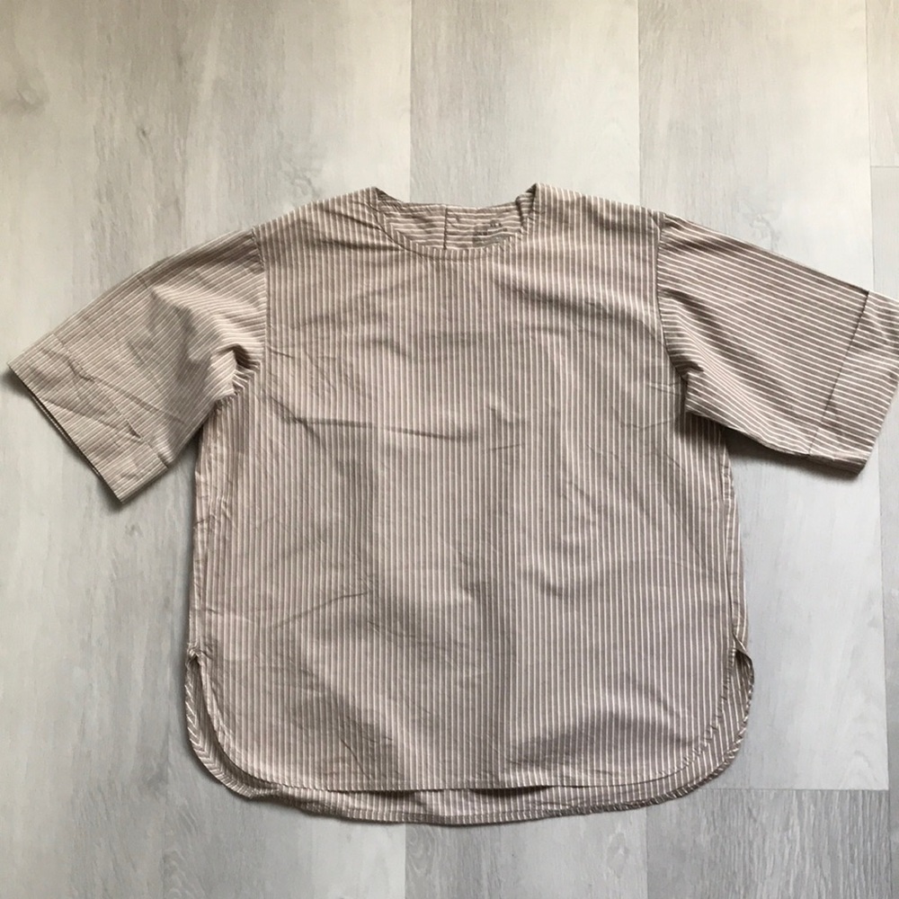 MUJI BROWN POPLIN SHIRT STRIPED COTTON SHORT SLEEVE BUTTON PULLOVER WOMENS XS/S